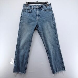 TOPSHOP Straight Leg Jeans W28 L30 Medium Wash Blue Raw Hem High Waist Denim